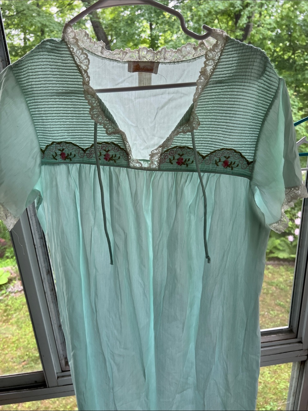 Vintage Mint Green Cotton Nightgown with Lace Trim